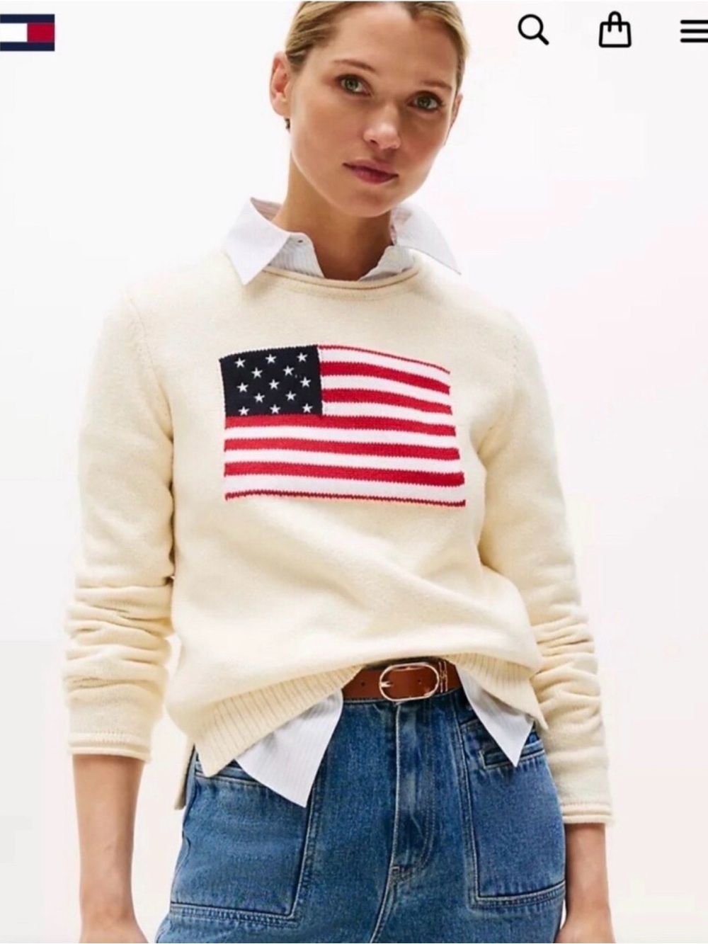 Tommy Hilfiger Cream Crewneck Sweater with Red & Blue Flag